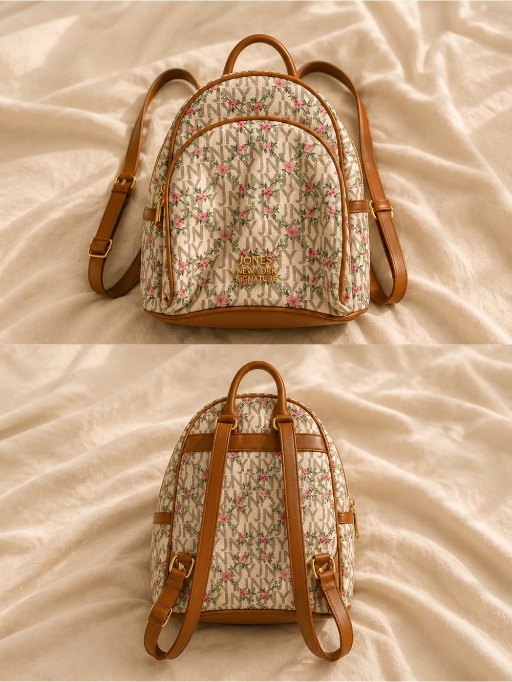 Jones New York Floral Logo Mini Backpack in Tan and Pink